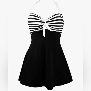 COCOSHIP Black and White Striped One Piece Swimdress